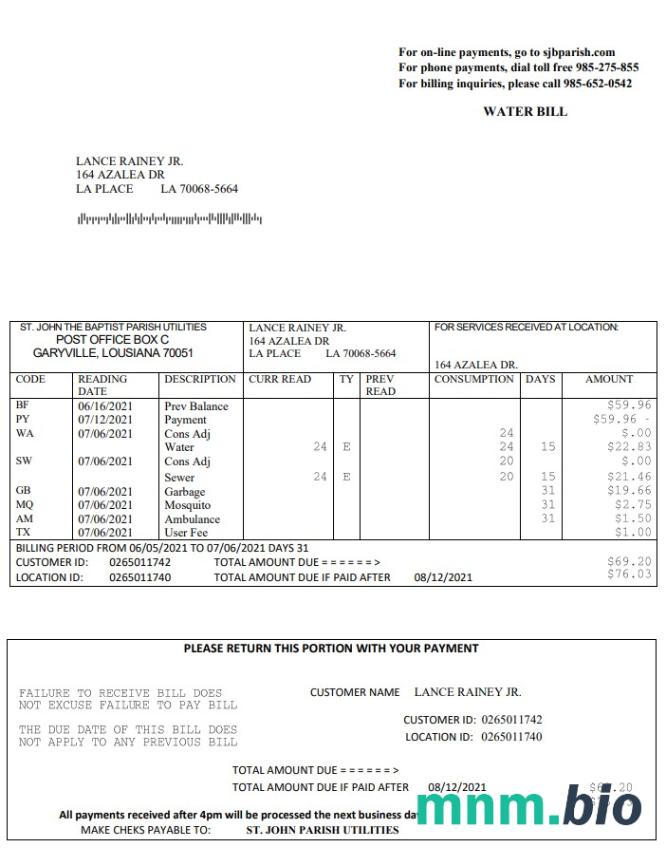USA Louisiana St. John the Baptist Parish woda bill w formacie Word i PDF